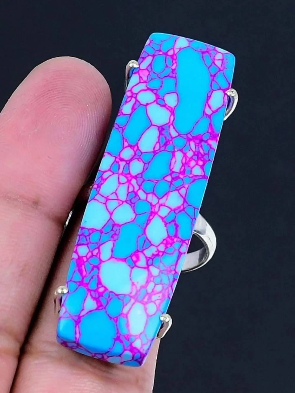 Statement Rectangular Turquoise & Pink Pattern Ring